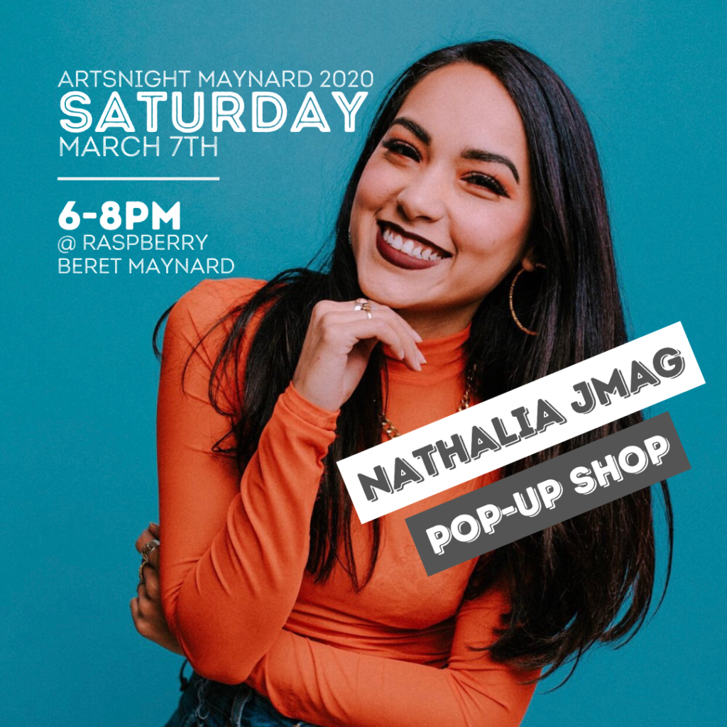 Designer Nathalia JMag smiles at the camera. Text overlay announces pop-up shop event.